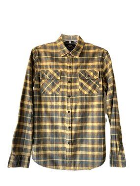 MBX Men's S Flannel Shirt Mustard Yellow Grey Brown Medium Weight Plaid